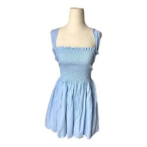Mable Smocked Bust Cross Back Fit & Flare Cotton/Linen Blend Mini Dress in Blue